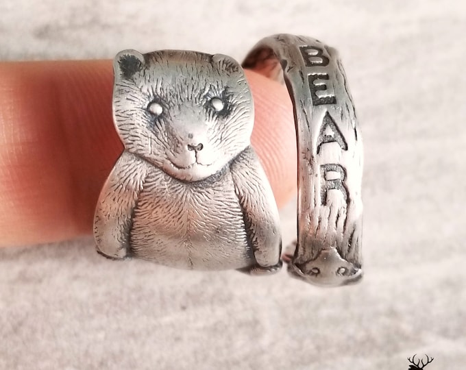 Teddy Bear Wrap Ring, Sterling Bear Ring, Sterling Silver Bear Ring, Bear Cub Spiral Ring, Grizzly Bear Silver Ring, Silver Spoon Ring, 1317