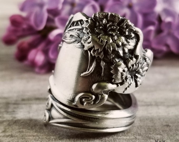 Art Nouveau Carnation Sterling Silver Ring, Antique Flower Spoon Ring, Flower Spoon Ring, Floral Spoon Jewelry, Sterling Spoon Ring, 1930