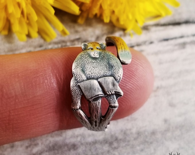 Petite Sterling Bears With Book Wrap Ring, Sterling Silver Bear Ring, Bear Cub Spoon Ring, Grizzly Bear Silver Ring, Teddy Bear Ring, 1871