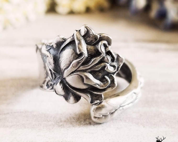 Alvin Sterling Rose Ring, Silver Rose Blossom Wrap Ring, Vintage Rose Ring, Antique Rose Jewelry, Retro Rose Ring, Rose Spoon Ring, 122C