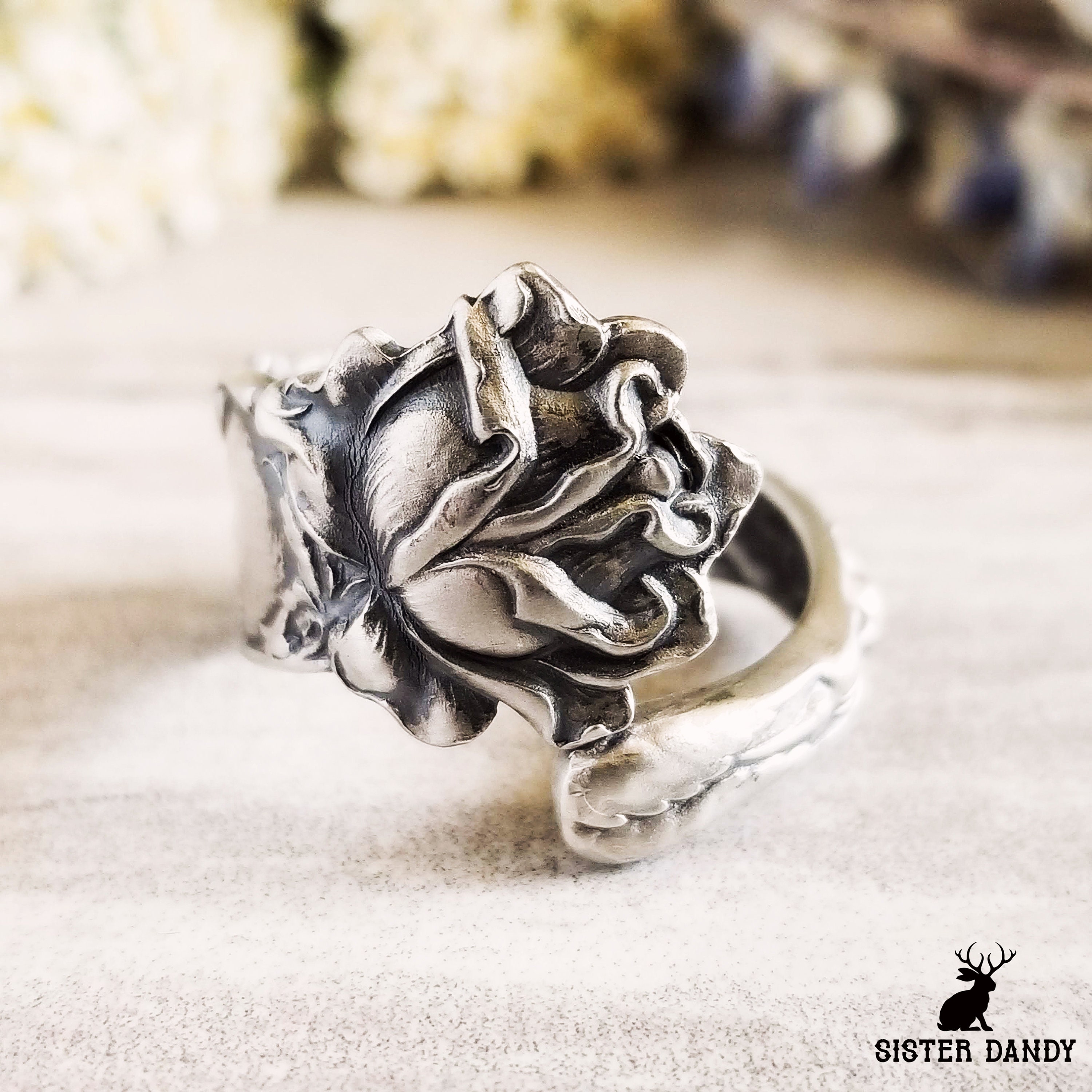 Sterling Rose Spoon Ring Silver Rose Blossom Spoon Ring Vintage Rose Ring Antique Rose Jewelry Retro Rose Ring Rose Flower Ring 122C