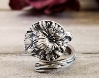 Chrysanthemum Sterling Silver Ring, Art Nouveau Sterling Spoon Ring, Antique Flower Spoon Ring, Flower Spoon Ring, Floral Spoon Jewelry 340