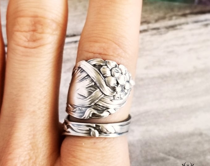 Unique Daffodil Spring Ring, Floral Sterling Bloom Ring, Vintage Silver Wrap Ring, Silver Spoon Ring, Floral Ring, Antique Flower Ring, 1177