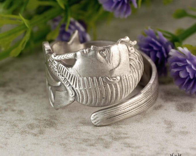 Egyptian Honor Ring, Pharaoh Protection Ring, Good Luck Ring, Vintage Lucky Sterling Ring, Vintage Spoon Ring, Sterling Wrap Ring, 2112