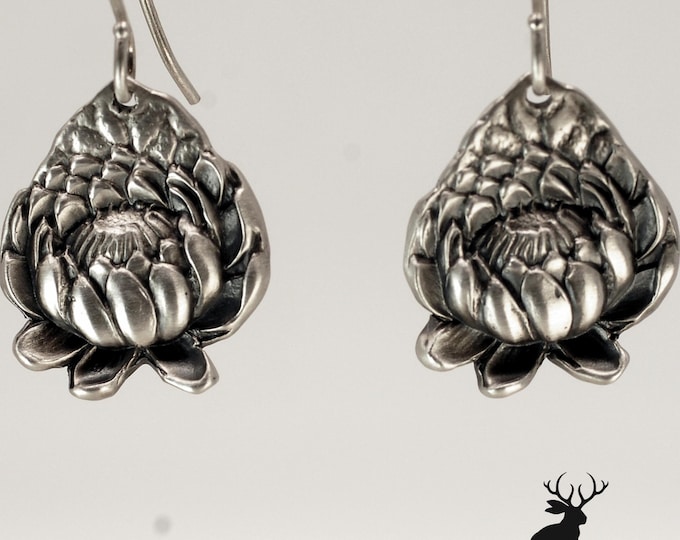 Sacred Lotus Earring Set, Waterlily Sterling Earrings, Art Nouveau Flower Earrings, Floral Dangle Earrings, Sterling Lotus Earring Set 139-A