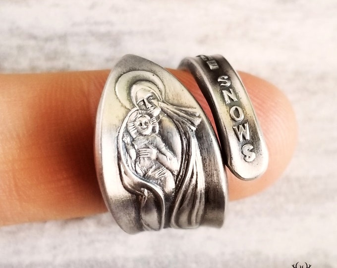 Sterling Jesus Mary Wrap Ring, Our Lady of the Snows Ring, Unique Sterling Spoon Ring, Antique Sterling Silver Gift, Virgin Mary, 1602