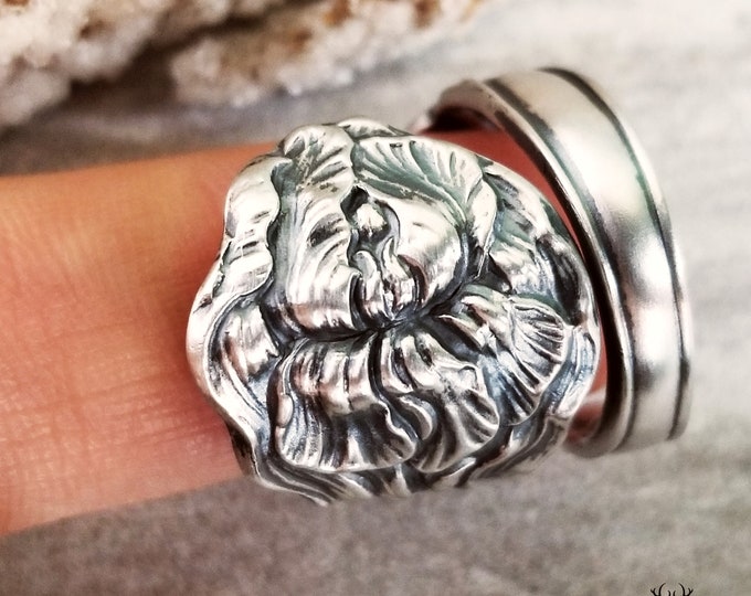 Vintage Iris Floral Bloom Ring, Handmade Iris Flower Ring, Antique Iris Ring, Sterling Silver Spoon Ring, Unique Botanical Ring, 576