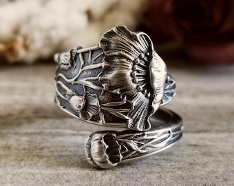 Art Nouveau Floral Poppy Sterling Ring, Poppies Wildflower Vintage Flame Flower Ring, Vintage Floral Ring, Sterling Silver Flower Ring, 2145