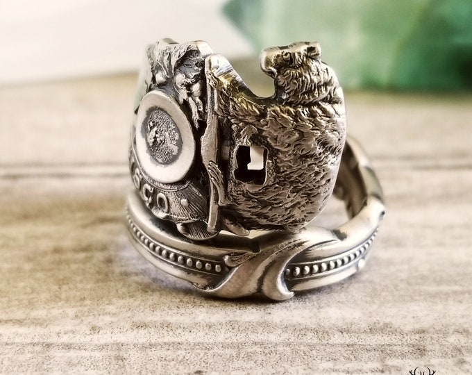 Handmade Silver Bear Ring, Unique Sterling Silver California Ring, Silver Bear Ring Gift, Grizzly Bear Silver Ring, Silver Teddy Ring, 1924