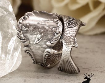 Salmon Fish Wrap Ring, Sterling Chinook Salmon Seattle Ring, Art Nouveau Fish Ring, Vintage Jewelry, Sterling Silver Spoon Ring, 1698B