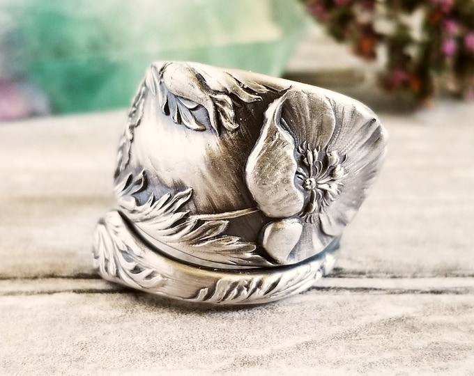 Handmade Papaver Wildflower Ring, Sterling Wild Poppy Ring, California Poppy Ring, Vintage Floral Ring, Sterling Silver Bloom Ring, 1731