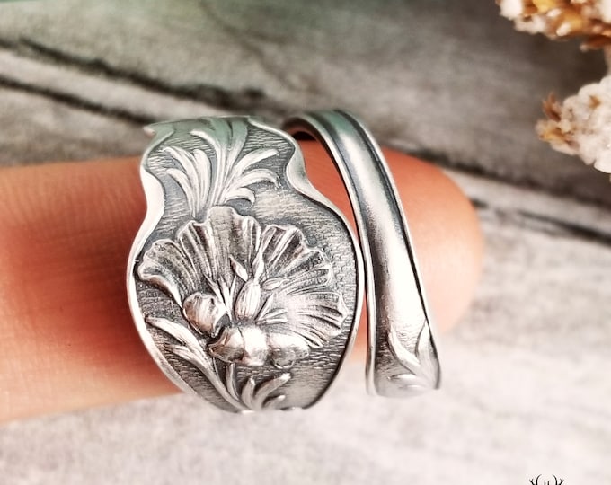 Art Nouveau Floral Poppy Sterling Ring, Poppies Wildflower Vintage Spoon Ring, Vintage Flower Ring, Sterling Silver Flower Spoon Ring, 934