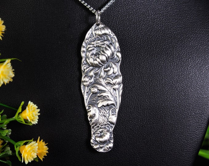 Unique Chrysanthemum Necklace, Kiku Necklace, Mum Necklace, Art Nouveau Pendant, Silver Mum Necklace, Unique Flower Pendant, 343P