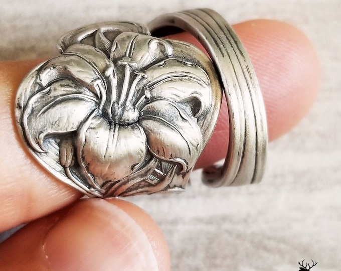 Paye & Baker Lilium Wrap Ring, Vintage Spring Lilies Ring, Art Nouveau Lily Ring, Botanical Jewelry, Antique Sterling Silver Spoon Ring, 512