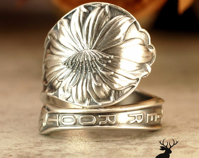 Sterling Bitter Root Ring, Resurrection Flower Ring, Sterling Lewisia Rediviva Ring, Vintage Floral Ring, Sterling Silver Spoon Ring, 1982