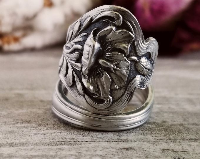 Poppy Silver Spoon Ring, Wild Poppy Sterling Spoon Ring, Vintage Flower Spoon Ring, Vintage Floral Spoon, Sterling Silver Spoon Ring, 931