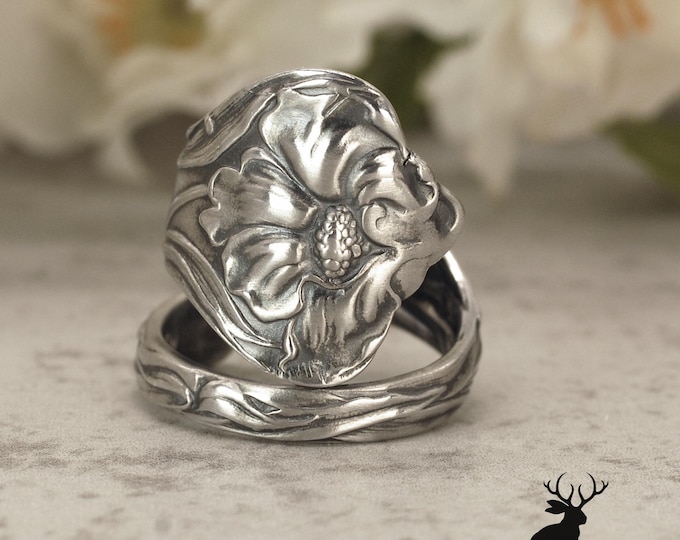 Sterling Poppy Wrap Ring, Silver Wildflower Bloom Ring, Vintage Papaver Spiral Ring, Antique Blossom Ring, Sterling Silver Spoon Ring, 2299