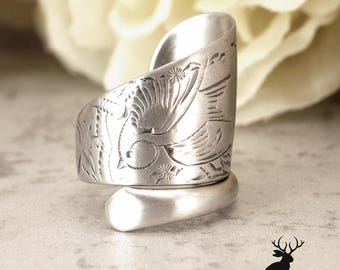 Bluebird Sterling Ring, Bluebird of Happiness Jewelry, Silver Bird Ring, Sterling Bird Ring, Antique Avian Silver Spoon Ring, 2186