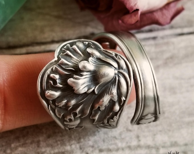 Antique Wildflower Poppy Wrap Ring, Floral Poppy Sterling Ring, Vintage Flower Ring, Art Nouveau Sterling Silver Flower Spoon Ring, 1956