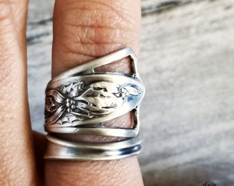Holly Silver Ring, Mistletoe Spoon Ring, Antique Christmas Silver Ring, Plant Spoon Ring, Art Nouveau Holly Sterling Spoon Ring, 1026