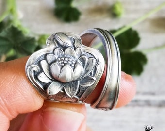 Sterling Lotus Wrap Ring, Silver Water Lilly Ring, Vintage Floral Bloom Ring, Antique Art Nouveau Paye & Baker Silver Spoon Ring, 499