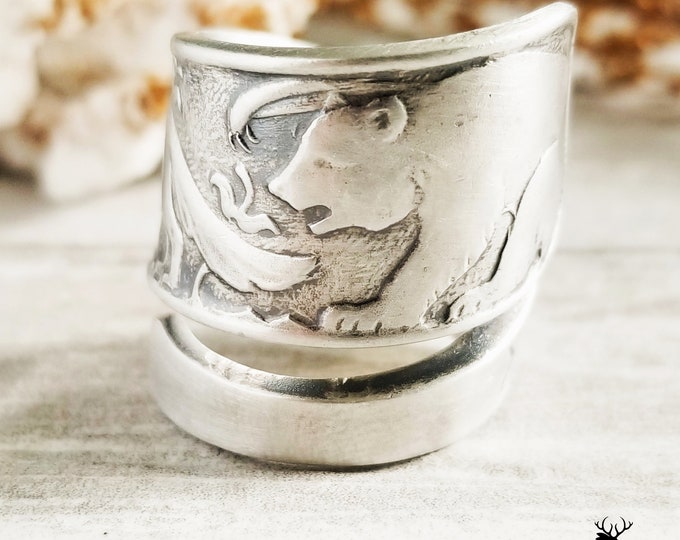 Wide Bear Fox & Rabbit Ring, Sterling Silver Bear Ring, Fox Sterling Silver Ring, Bunny Silver Spoon Ring, Aesop Fable Bear Fox Rabbit, 402A