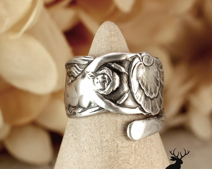 Sterling Mermaid Wrap Ring, US Sterling Reproduction Ring, Mermaid & Shell Ring, Unique 925 Sterling Silver Sea Goddess Spoon Ring, 191