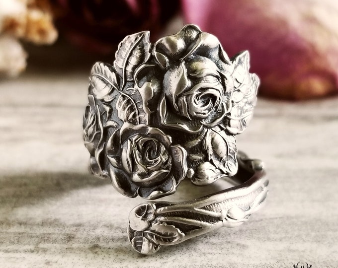 Sterling Rose Wrap Ring, Wide Rose Garden Ring, Sterling Rose Bush Ring, Antique Rosa Ring, Retro Rose Ring, Rose Flower Spoon Ring, 144