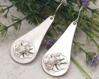 Sterling Silver Toad Dangle Earrings, Frog on Lily Pad Earrings, Water Sign Earrings, Sterling Amphibian Nature Inspired Earrings, 2224-E