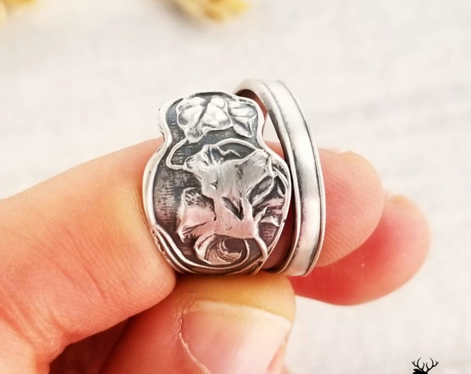 Wild Poppy Sterling Spoon Ring, Poppy Silver Spoon Ring, Vintage Flower Spoon Ring, Vintage Floral Spoon, Sterling Silver Spoon Ring, 909A