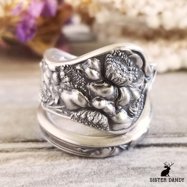 Wild Rose Sterling Silver Spoon Ring, Floral Spoon Ring, Art Nouveau Ring, Vintage Spoon Jewelry, Sterling Silver Shiebler Spoon Ring, 658