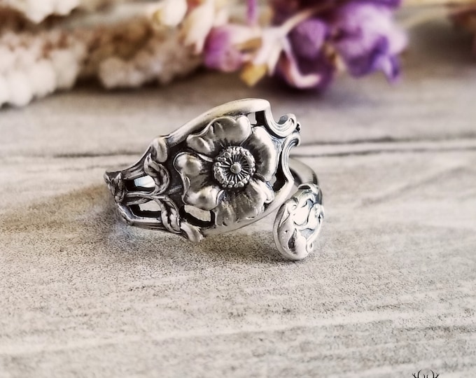 Dainty Wild Rose Sterling Spoon Ring, Antique Spoon Ring, Vintage Floral Silver Ring, Vintage Jewelry Gift, Unique Sterling Silver Ring, 391