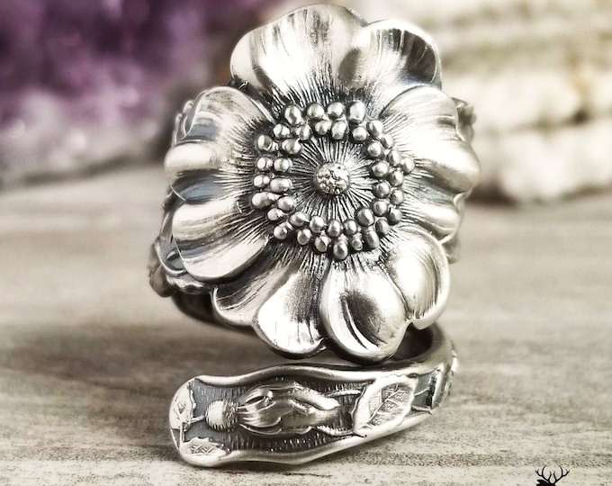 Wild Rose Spoon Ring, Sterling Floral Spoon Ring, Antique Rose Sterling Silver Spoon Ring, Vintage Flower Ring, Vintage Spoon Jewelry, 475
