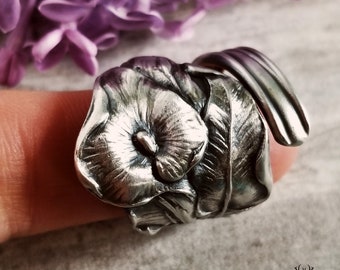 Elegant Calla Lily Wrap Ring, Art Nouveau Sterling Silver Bloom Ring, Vintage Floral Calla Lily Ring, Antique Silver Flower Spoon Ring 1393