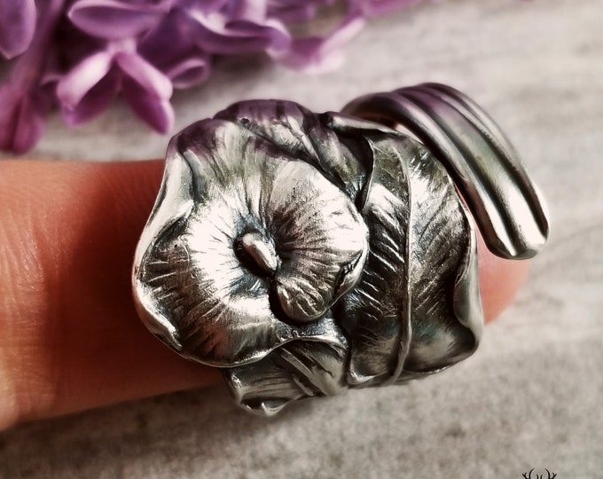 Elegant Calla Lily Wrap Ring, Art Nouveau Sterling Silver Bloom Ring, Vintage Floral Calla Lily Ring, Antique Silver Flower Spoon Ring 1393
