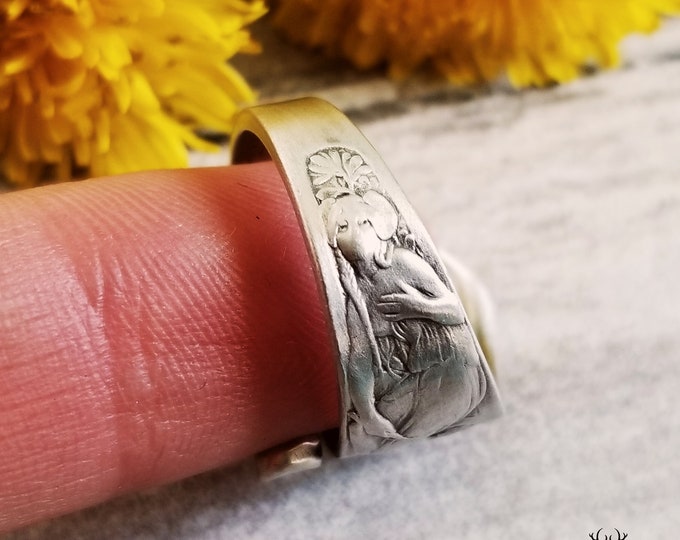 Rare Dainty Dryad Ring, Sterling Goddess Ring, Silver Forest Spirit Ring, Vintage Adjustable Spoon Ring, Art Nouveau Spoon Ring Gift, 1867