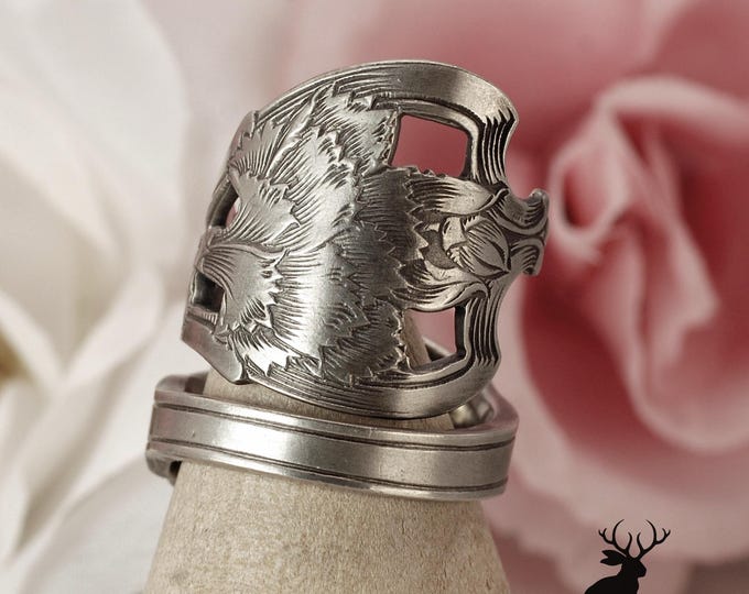Wallace Carnation Ring, Vintage Silver Posie Wrap Ring, Sterling Grenadine Bloom Ring, Sterling Silver Antique Floral Spoon Ring, 2465