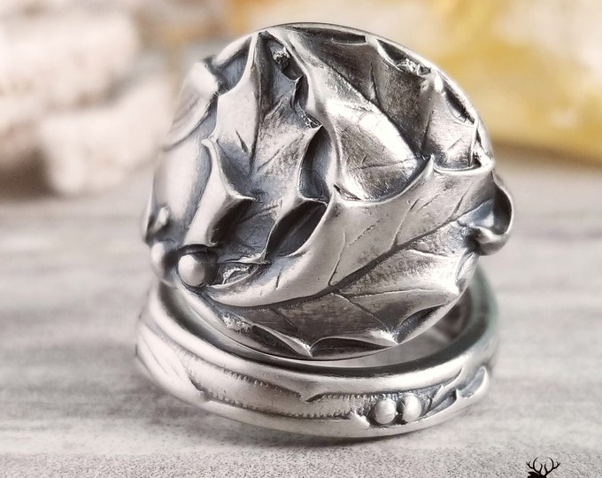 Silver Holly Ring, Art Nouveau Holly Sterling Spoon Ring, Antique Christmas Silver Ring, Mistletoe Spoon Ring, Plant Spoon Ring, 182