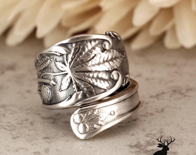 Majestic Sterling Foliage Ring, Botanical Wrap Ring, Spiritual Foliage Ring, Unique Tropical Plant Ring, Antique .925 Spoon Ring, 2411
