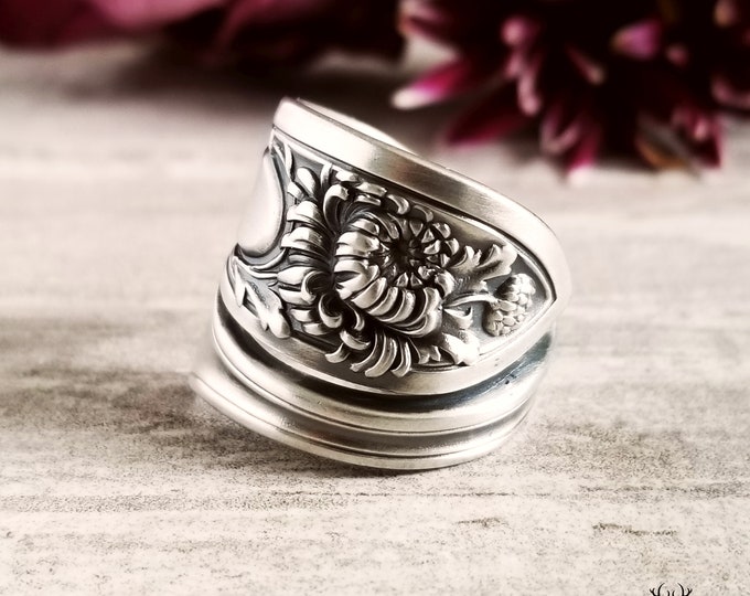 Chrysanthemum Sterling Silver Ring, Art Nouveau Sterling Spoon Ring, Antique Flower Spoon Ring, Flower Spoon Ring, Floral Jewelry, Gift, 625