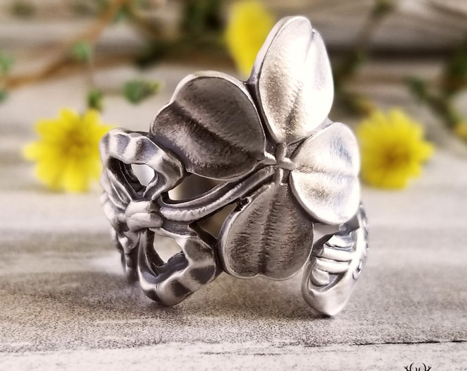 Good Luck Ring, Vintage Lucky Sterling Ring, Shamrock Souvenir Ring, Vintage 4-Leaf Clover Wrap Ring, Wishbone Sterling Spoon Ring, 1813