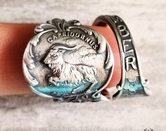 Capricorn Zodiac Sterling Wrap Ring, Sterling Silver Zodiac Ring, Astrology Ring, Capricornus Tarot Spoon Ring, Vintage Goat Ring, 1300