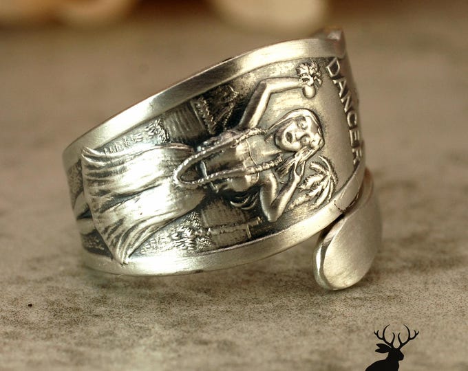 Hula Dancer Wrap Ring, Aloha Hawaii Sterling Silver Ring, Vintage Hawaii Ring, Art Nouveau Sterling Hawaiian Dancing Spoon Ring, 2329