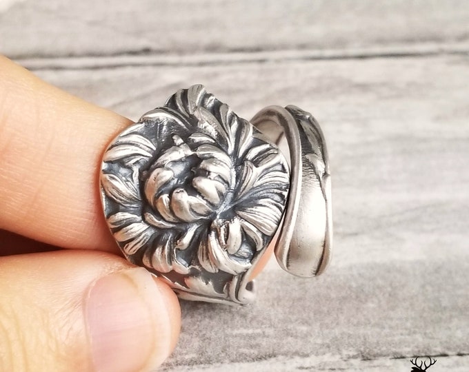 Chrysanthemum Silver Ring, Antique Wild Mum Ring, Kiku Flower Wrap Ring, Floral Spoon Jewelry, Art Nouveau Sterling Silver Spoon Ring, 628