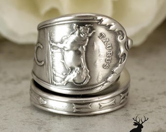 Taurus Zodiac Silver Bull Ring, Sterling Silver Ring, Zodiac Ring, Taurus Silver Spoon Ring, Silver Astrology Ring, Tarot Jewelry Gift, 769C