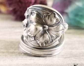 Sterling Violet Wrap Ring, Floral Spiral Ring, Vintage Silver Bloom Ring, Art Nouveau Sterling Silver Spoon Ring, Silver Flower Ring, 1379