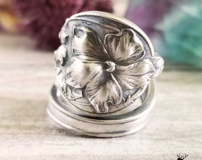 Sterling Violet Wrap Ring, Floral Spiral Ring, Vintage Silver Bloom Ring, Art Nouveau Sterling Silver Spoon Ring, Silver Flower Ring, 1379