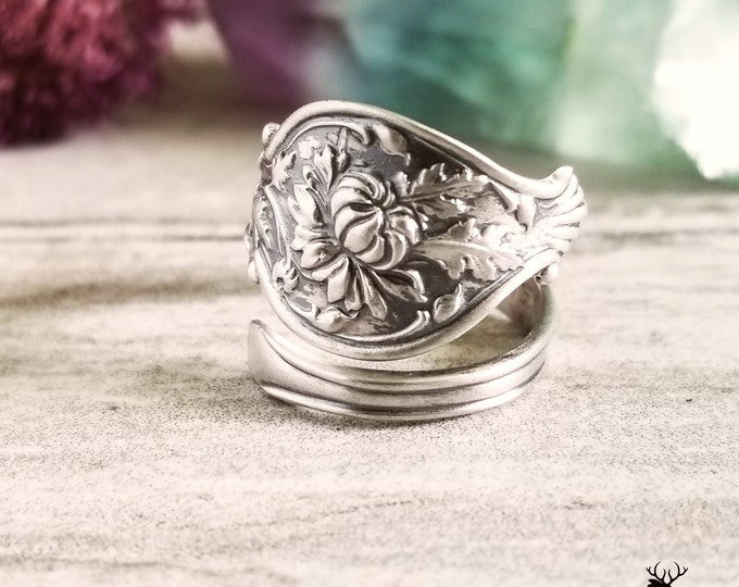 Dainty Chrysanthemum Sterling Ring, Antique Flower Bloom Ring, Flower Spoon Ring, Floral Spoon Jewelry, Art Nouveau Sterling Spoon Ring, 297