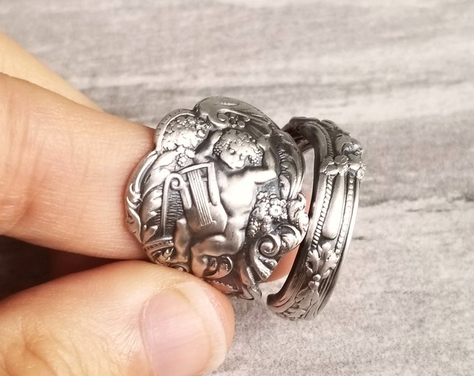 Gorham Art Nouveau Cupid & Harp Ring, Angelic Cherub Sterling Wrap Ring, Antique Cherubim Jewelry, Sterling Silver Angel Spoon Ring, 1391
