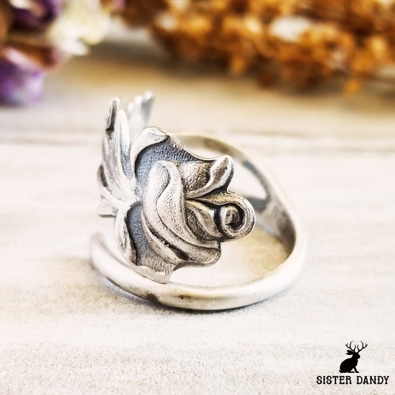Antique Rose Ring, Sterling Rose Spoon Ring, Vintage Rose Ring 